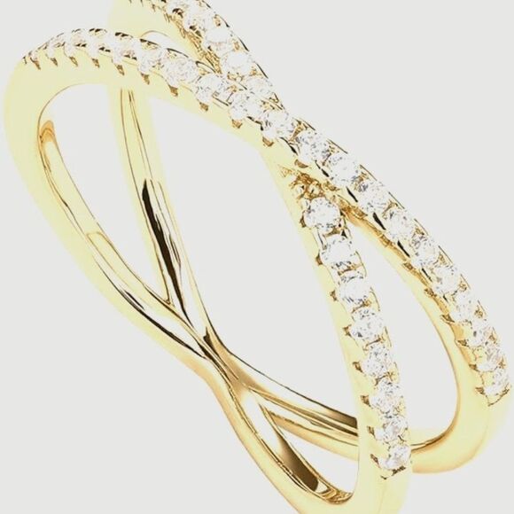 Sterling Silver CZ Gold X Ring Criss Cross Ring Cubic Zirconia 14K Gold Plated - Picture 2 of 4